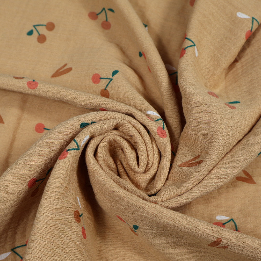 Tissu double gaze de coton imprimé  cerise