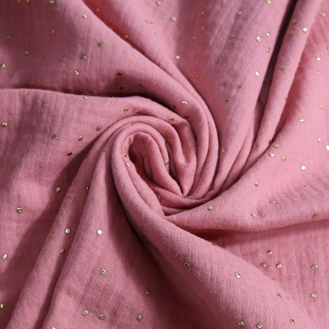 Tissu double gaze de coton rose et pois doré
