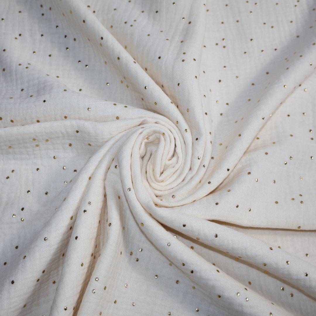 Tissu double gaze de coton écru  et pois doré