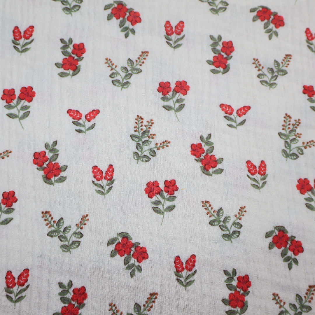 Tissu gaze de coton imprimé à fleur rouge