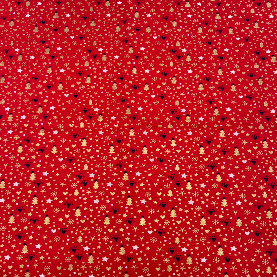 Coton de Noël " Rouge festif étoilé "