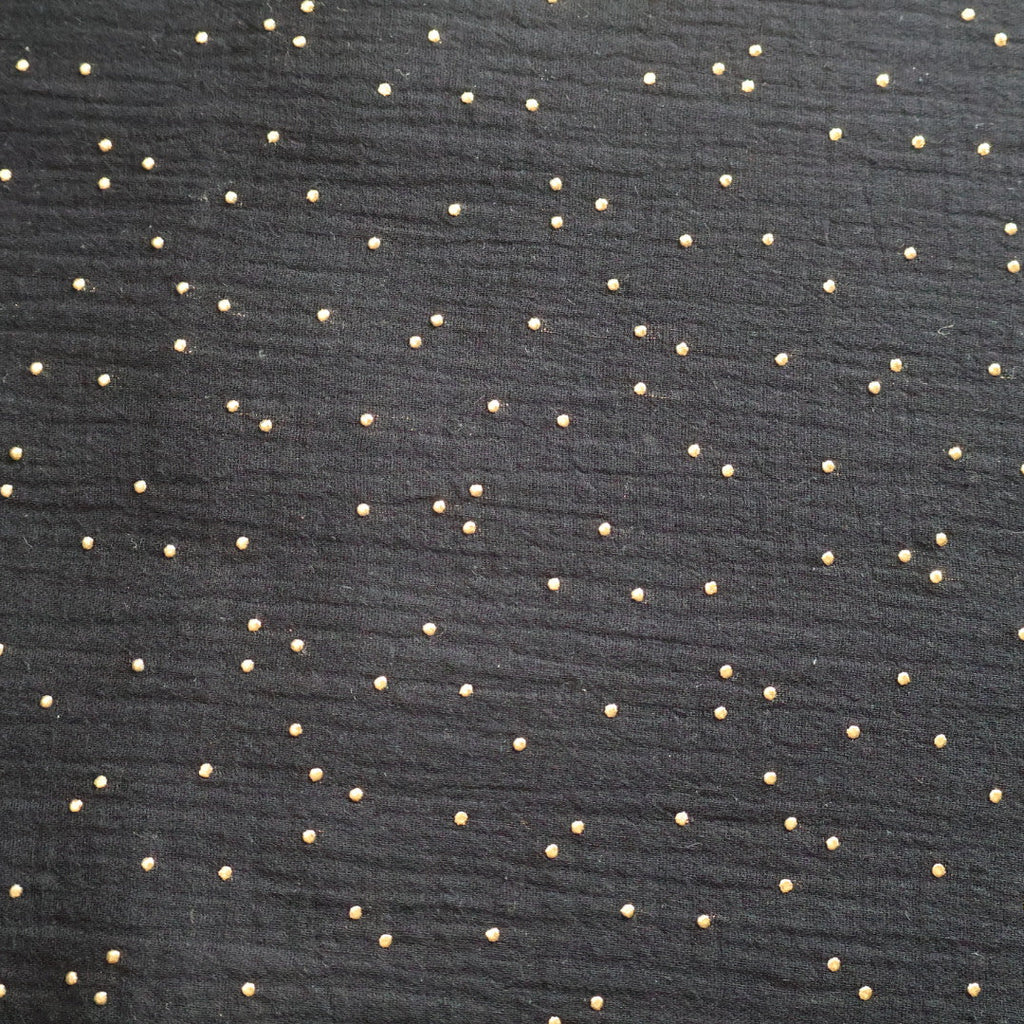 Tissu gaze de coton noir et pois doré