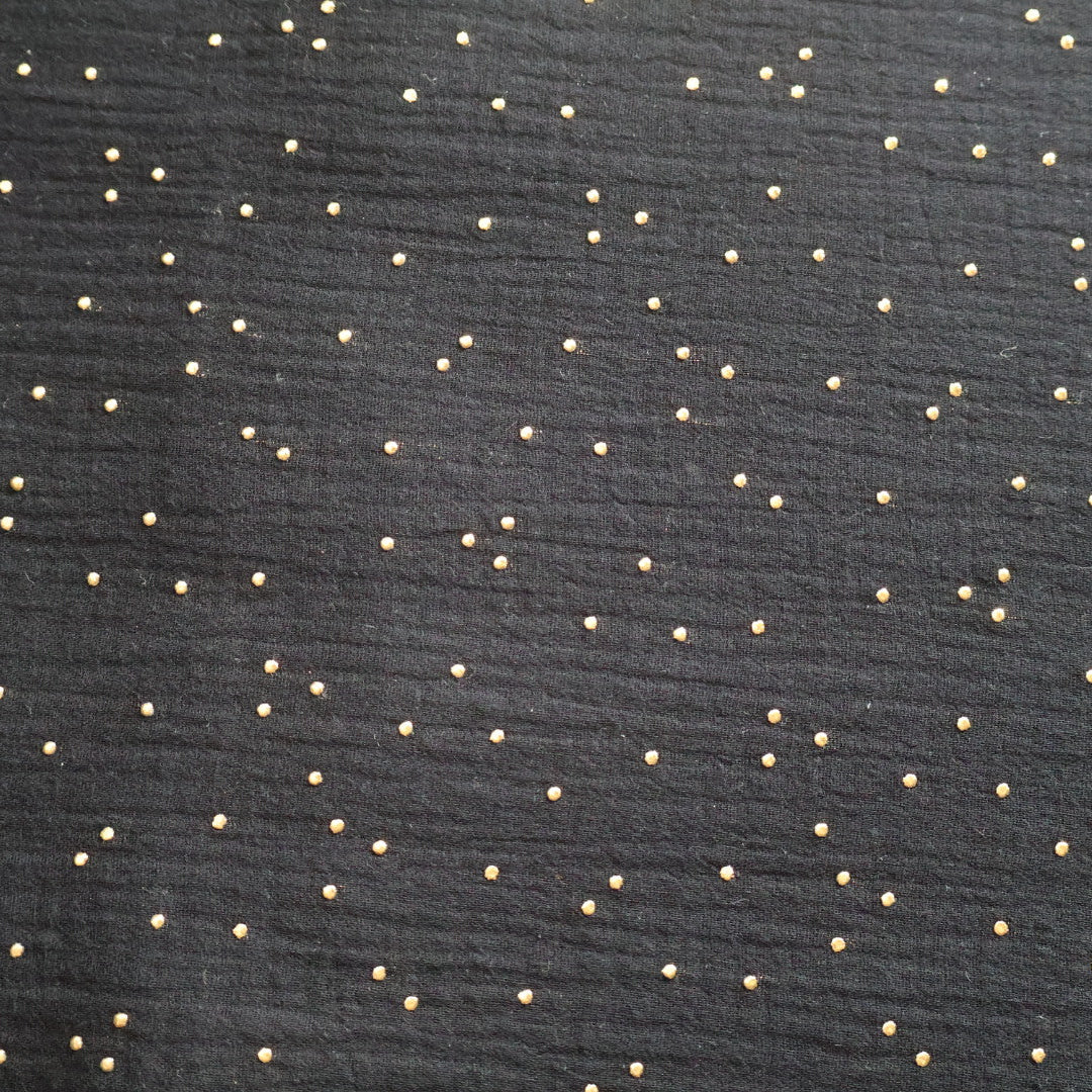 Tissu gaze de coton noir et pois doré