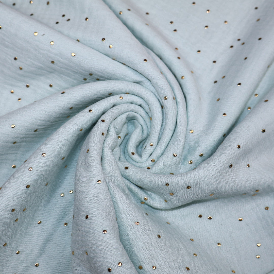 Tissu double gaze de coton bleu ciel et pois doré