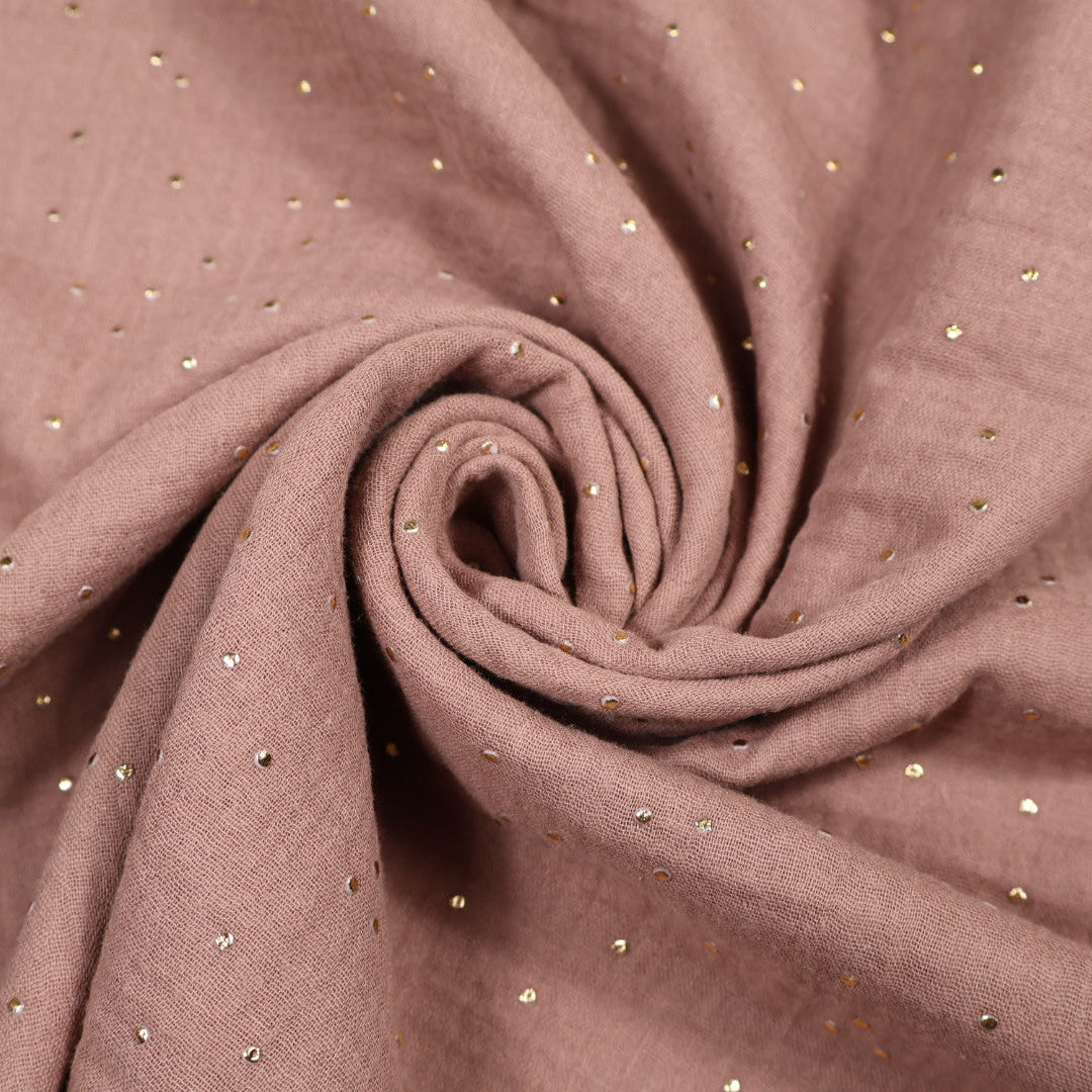 Tissu gaze de coton marron clair et pois doré